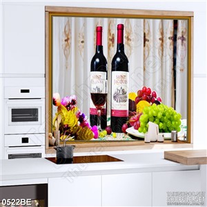 Tranh chai rượu vang trên bàn treo bếp