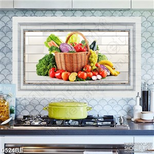 Tranh psd giỏ rau củ quả tươi trong  nhà bếp