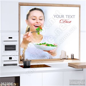 Tranh cô gái ăn salad rau trộn treo bếp