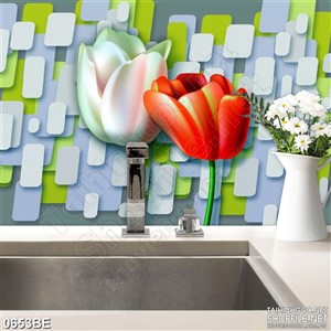 Tranh in hoa tulip trên tường nhà bếp