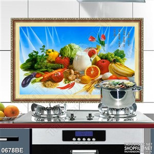 Tranh rau củ quả tươi xanh dán bếp 3d