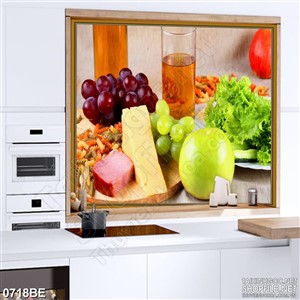 Tranh món ăn sáng bên trái cây treo tường bếp