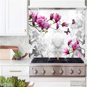 Tranh in uv cành hoa đào trên tường bếp