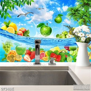 Tranh trái cây tươi trên biển xanh dán tương bếp