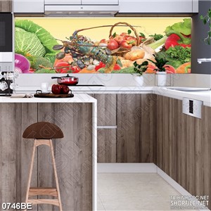 Tranh psd bếp con tôm hùm trên bàn rau củ