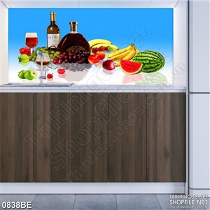 Tranh psd bếp chai rượu X.O bên trái cây tươi