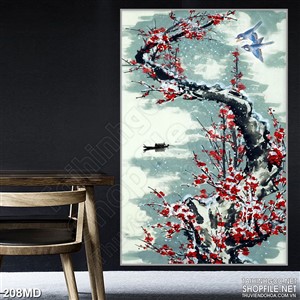 Tranh cành đào đỏ thắm giữa trời tuyết 3d
