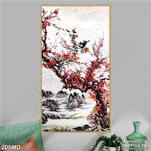 Tranh rừng đào khoe sắc in canvas trên núi
