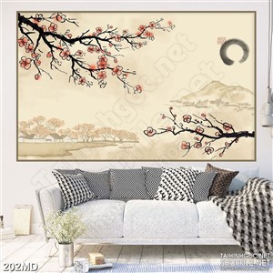 Tranh vẽ cành đào nghệ thuật 3d bên bờ sông