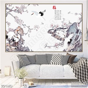 Tranh chim hạc trắng bên rừng đào in canvas