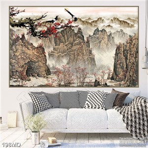 Tranh những ngọn núi sau cành đào nở rộ 3d