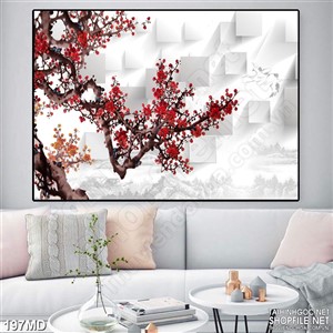 Tranh psd cành đào trang trí bức tường trắng