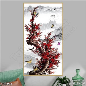 Tranh cây đào già trên đỉnh núi đón tết