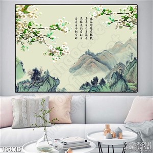 Tranh rừng đào trắng nở rộ trên núi in uv