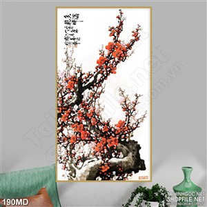 Tranh 3d cành hoa đào nở rộ sắc đỏ