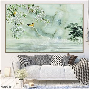 Tranh cành đào tết trên mặt hồ nước