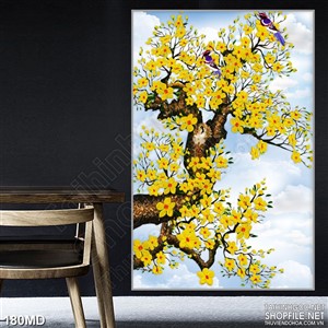 Tranh 3d cành mai vàng khoe sắc bên đàn chim nhỏ