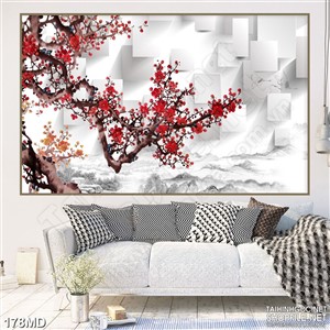 Tranh cành hoa đào khoe sắc đỏ đón xuân 3d