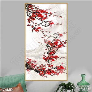 Tranh cành đào nở rộ in uv bên những ngọn núi