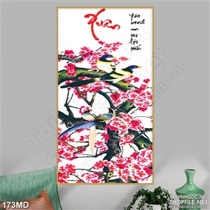 Tranh cành đào psd nghệ thuật bên đàn chim