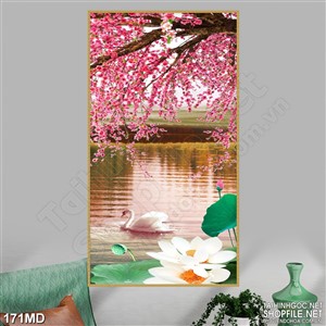 Tranh in uv cây đào già phủ đầy hoa