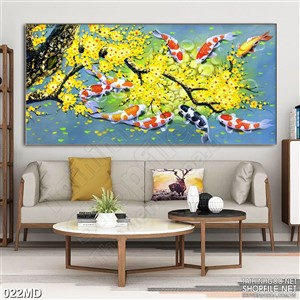 Tranh cành mai tết trên mặt hồ đầy cá koi