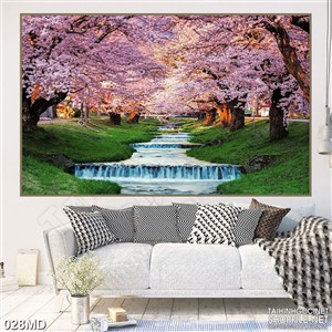 Tranh hai hàng đào nở rộ trên con suối in uv