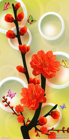 Tranh psd cành đào tươi trang trí