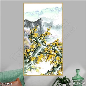 Tranh cành mai vàng bên thác nước psd