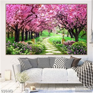 Tranh những hàng đào nở rộ in uv