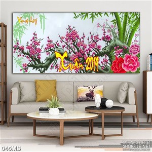 Tranh cành đào hồng khoe sắc in canvas