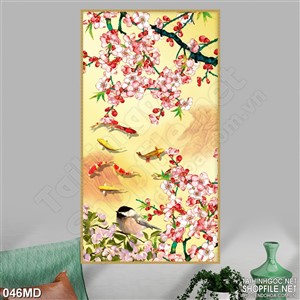 Tranh cành đào tết bên sườn núi