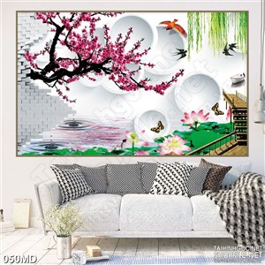Tranh 3d cành đào hồng trên hồ khoe sắc