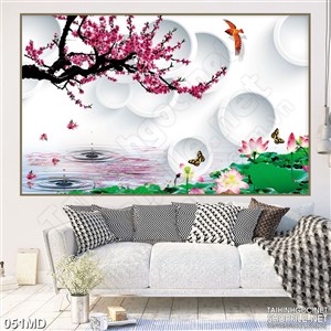 Tranh cành đào trên mặt hồ psd nghệ thuật