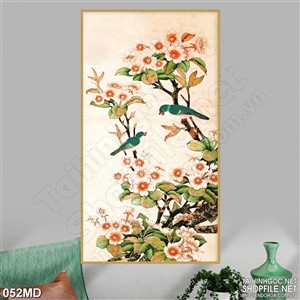 Tranh đàn chim trên cành đào nở rộ  in uv