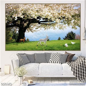 Tranh đàn nai dưới gốc hoa đào nở rộ