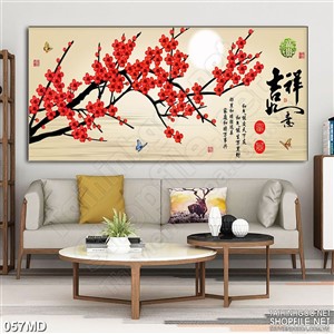 Tranh in uv cành hoa đào đỏ dưới trăng
