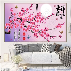 Tranh cành đào nở rộ dưới trăng in uv