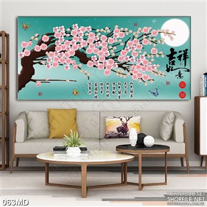 Tranh psd cành đào trang trí bên dòng chữ hoa