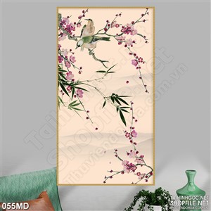 Tranh psd cành đào trang trí bên đàn chim