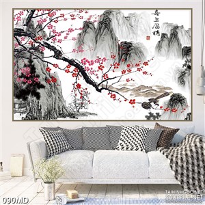 Tranh 3d cành hoa đào khoe sắc bên ngọn núi