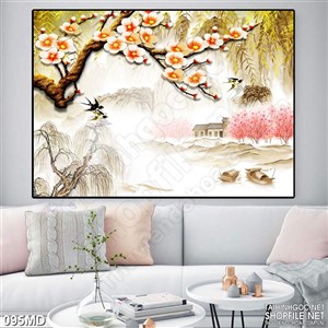 Tranh psd cành mai vàng trên sông trang trí