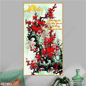 Tranh in uv cành hoa đào bên chữ phúc
