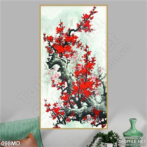 Tranh 3d cây hoa đào khoe sắc đỏ rực rỡ