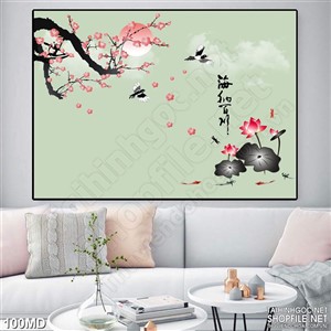 Tranh cành đào nở rộ trên hồ sen in uv