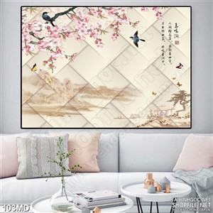 Tranh psd cành đào trang trí bức tường ô vuông