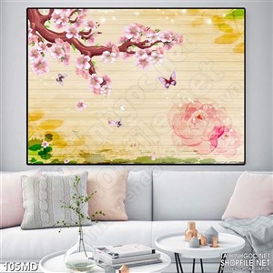 Tranh in uv cành hoa đào trên tường