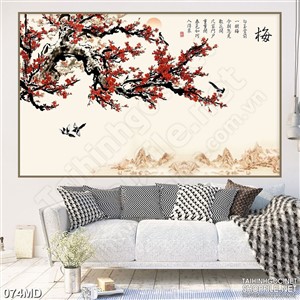 Tranh 3d cây anh đào khoe sắc trên đỉnh núi