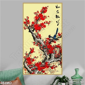 Tranh  chú chim non trên cành đào nở rộ in uv