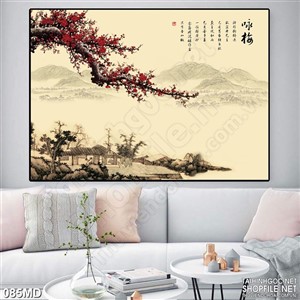 Tranh cành đào vươn dài bên vách núi in canvas